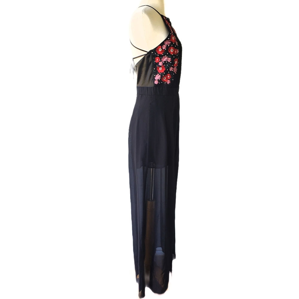 Macy's CRYSTAL DOLL Embroidered Roses Black Romper Maxi Dress Juniors 5 S - Picture 3 of 8